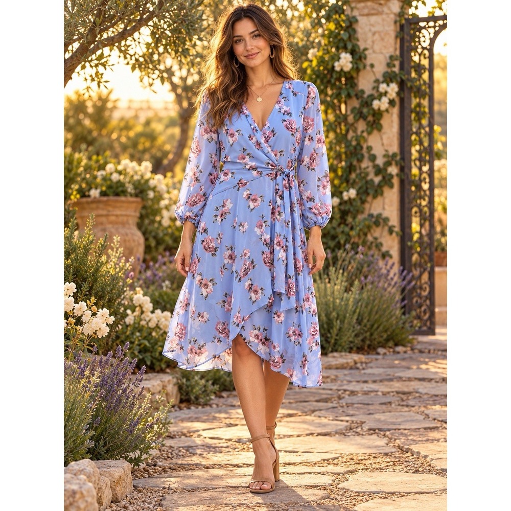 Robbie Bee Dress Size 8 Blue Pink Floral Surplice Tie Waist Midi Boho EE36